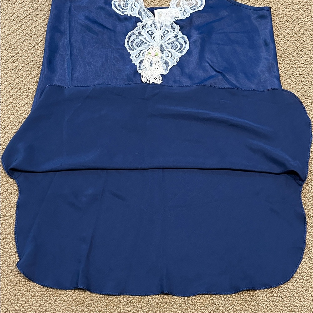 Vintage California Dynasty 2-pc Lingerie & Robe Set Large Navy Blue Lace Satin - Picture 9 of 17